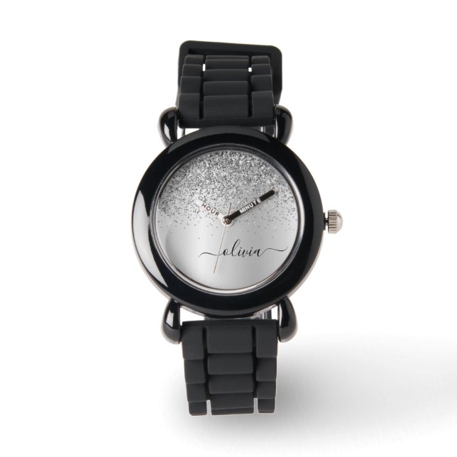 Silver Glitter Sparkle Glam Metal Monogram Name Watch (Front)
