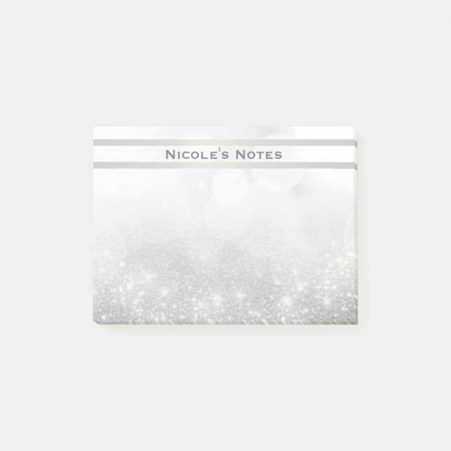 Silver Glitter Sparkle Glam Trendy Personalised Post-it Notes (Front)