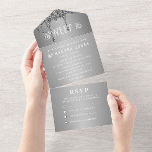 Silver Glitter Sparkle Grey Modern Sweet 16  All In One Invitation