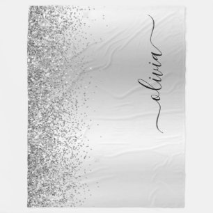 Silver Glitter Sparkle Metal Monogram Name Fleece Blanket