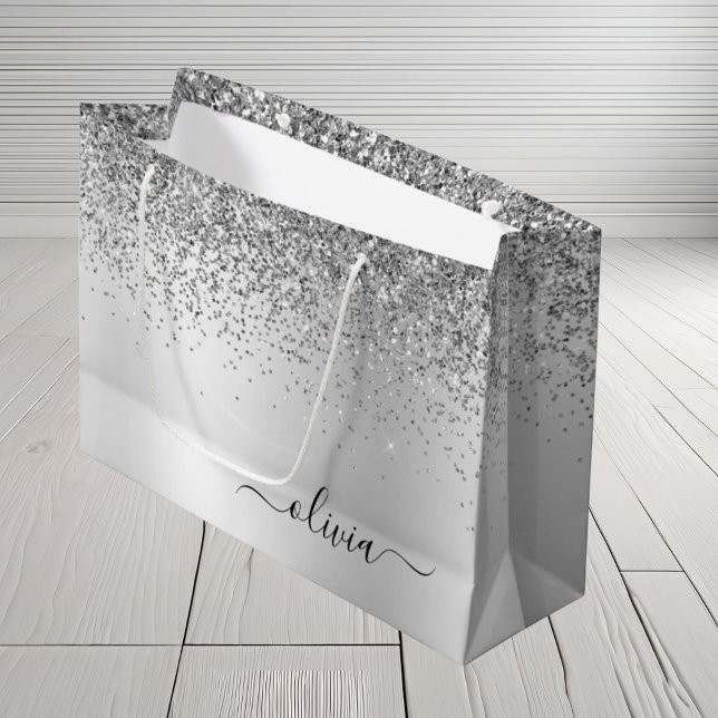 Silver Glitter Sparkle Metal Monogram Name Large Gift Bag (Creator Uploaded)
