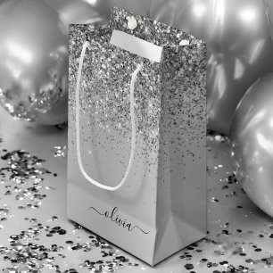 Silver Glitter Sparkle Metal Monogram Name Small Gift Bag