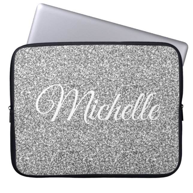Silver Glitter Sparkle Metallic Personalised Laptop Sleeve (Front)