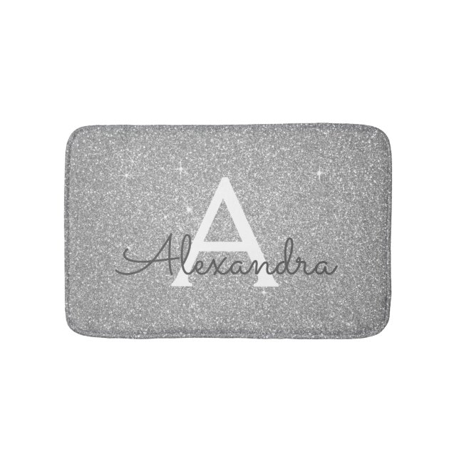 Silver Glitter Sparkle Monogram Bath Mat (Front)
