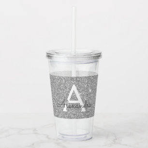 Silver Glitter & Sparkle Monogram Birthday Acrylic Tumbler