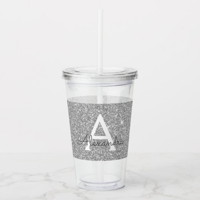 Silver Glitter & Sparkle Monogram Birthday Acrylic Tumbler (Front)