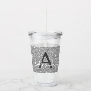 Silver Glitter & Sparkle Monogram Birthday Acrylic Tumbler