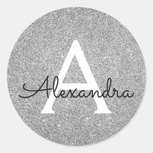 Silver Glitter & Sparkle Monogram Birthday Classic Round Sticker
