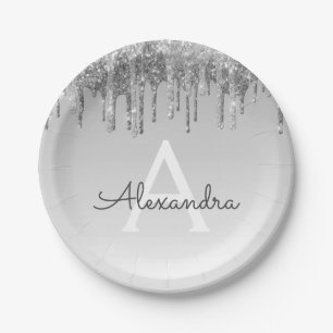 Silver Glitter & Sparkle Monogram Birthday Paper Plate