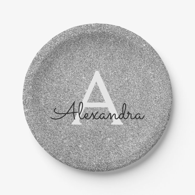 Silver Glitter & Sparkle Monogram Birthday Paper Plate (Front)