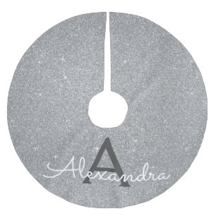 Silver Glitter & Sparkle Monogram Brushed Polyester Tree Skirt