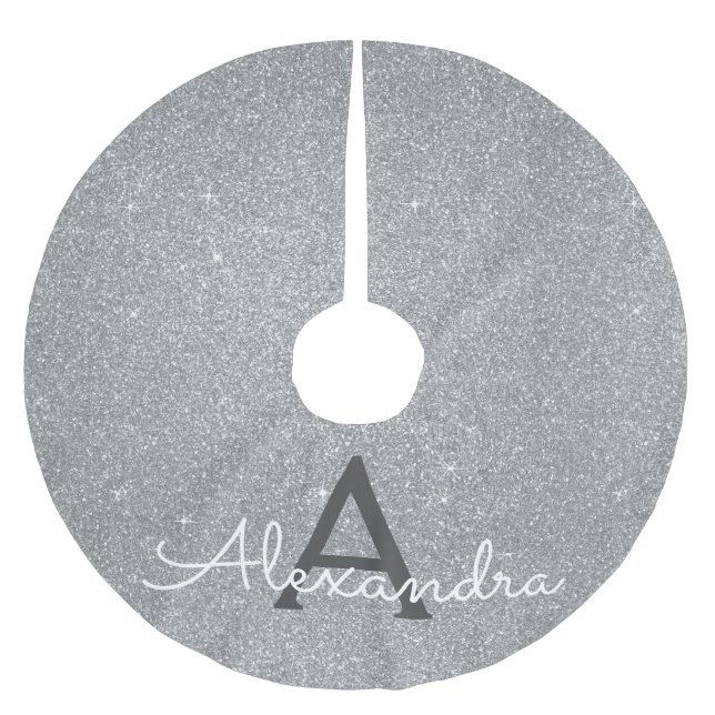 Silver Glitter & Sparkle Monogram Brushed Polyester Tree Skirt (Front)