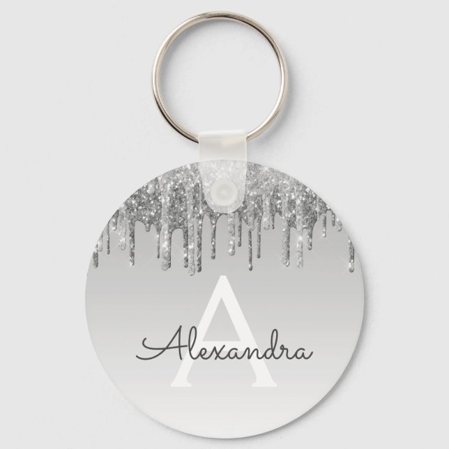Silver Glitter & Sparkle Monogram Key Ring (Front)