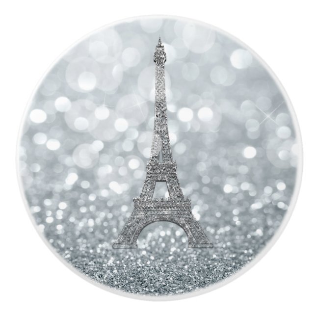 Silver Glitter Sparkle Paris Eiffel Tower Glam Ceramic Knob (Front)