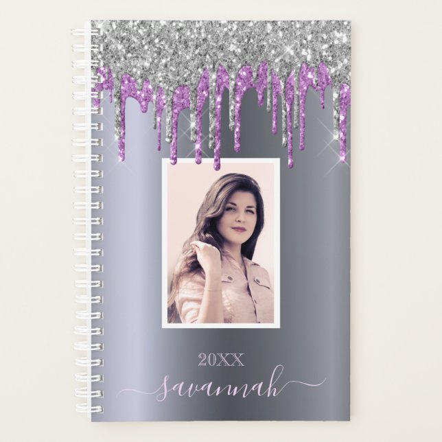 Silver glitter sparkle purple custom photo planner (Front)