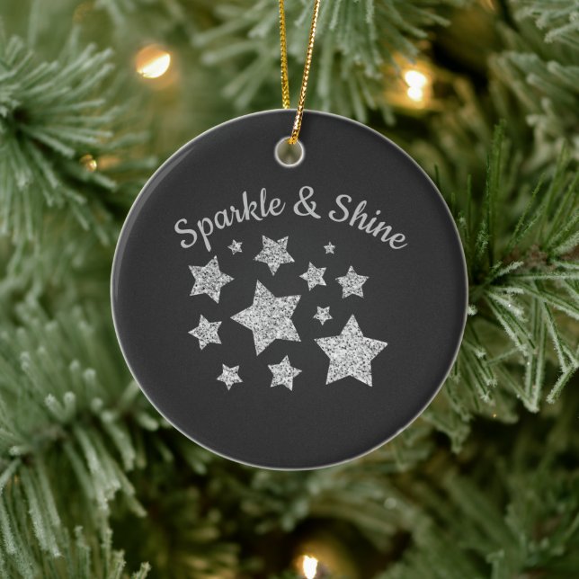 Silver glitter sparkle Stars Shine quote dark grey Ceramic Tree Decoration (Tree)