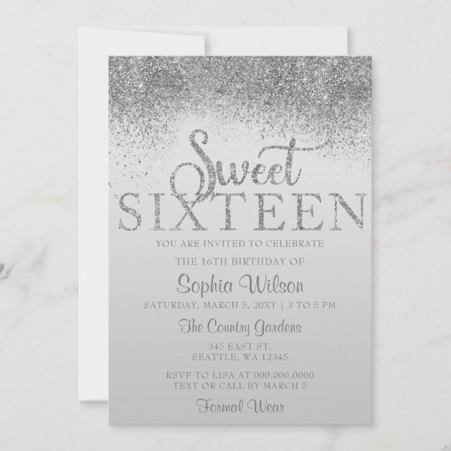 Silver Glitter Sparkle Sweet 16 Birthday Invitation (Front)