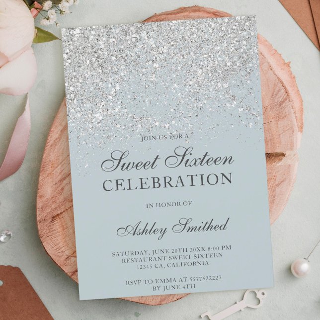 Silver glitter sparkles blue chic sweet sixteen invitation (Creator Uploaded)
