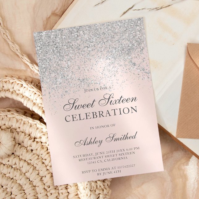 Silver glitter sparkles blush chic sweet sixteen invitation (Creator Uploaded)