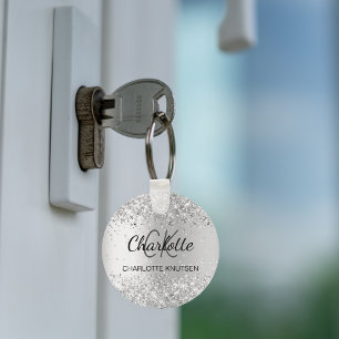 Silver glitter sparkles name monogram key ring