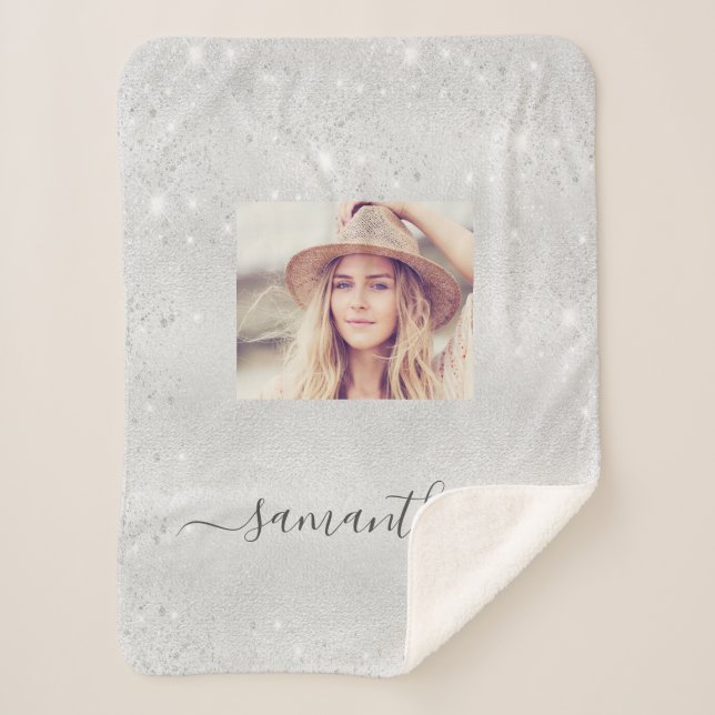 Silver glitter sparkles photo name script sherpa blanket (Front)