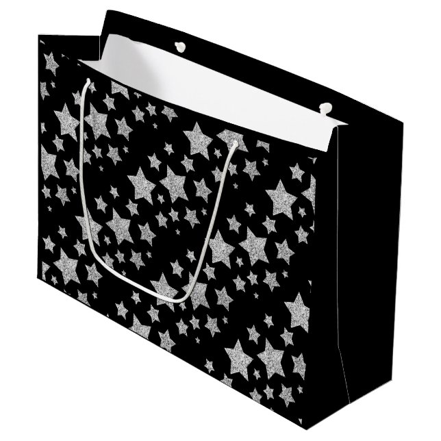 Silver glitter sparkles Stars pattern black Large Gift Bag (Front Angled)