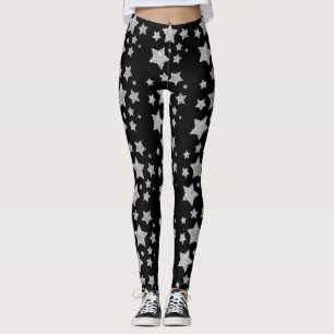 Silver glitter sparkles Stars pattern black Leggings