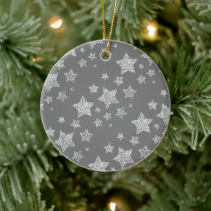 Silver glitter sparkles Stars pattern light grey Ceramic Tree Decoration