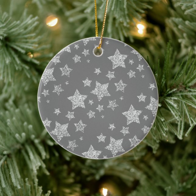 Silver glitter sparkles Stars pattern light grey Ceramic Tree Decoration (Tree)
