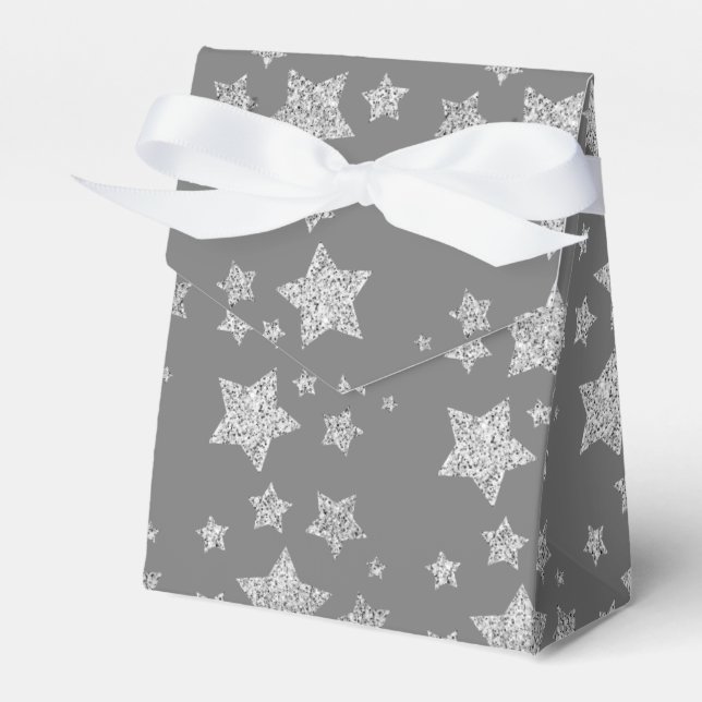 Silver glitter sparkles Stars pattern light grey Favour Box (Front Side)