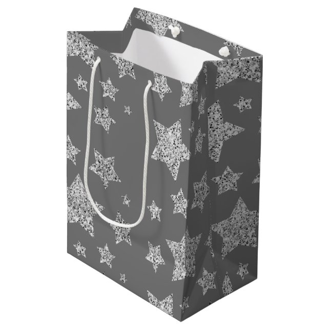 Silver glitter sparkles Stars pattern light grey Medium Gift Bag (Front Angled)