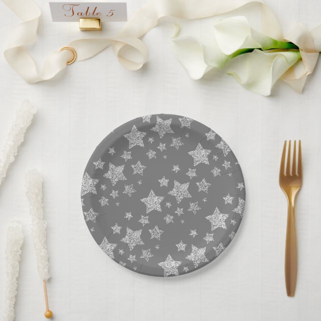 Silver glitter sparkles Stars pattern light grey Paper Plate (Wedding)