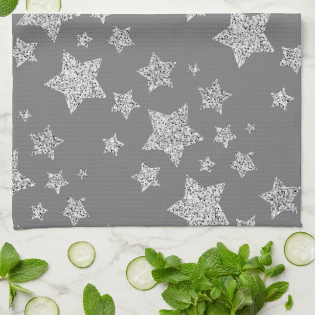 Silver glitter sparkles Stars pattern light grey Tea Towel (Folded)