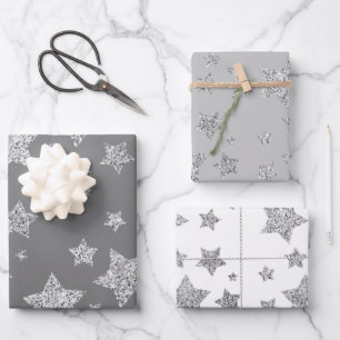 Silver glitter sparkles Stars pattern light grey Wrapping Paper Sheet