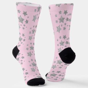 Silver glitter sparkles Stars pattern light pink Socks