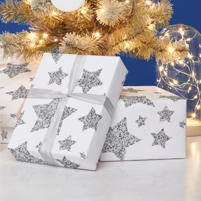 Silver glitter sparkles Stars pattern white  Wrapping Paper (Holidays)
