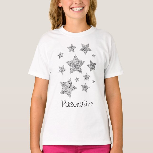Silver glitter sparkles Stars Personalise T-Shirt (Front)