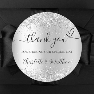 Silver glitter sparkles thank you wedding classic round sticker