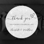 Silver glitter sparkles thank you wedding classic round sticker<br><div class="desc">Faux silver background,  decorated with faux glitter,  sparkles.  With the text: Thank you for sharing our special day,  with a small heart.   Personalise and add your names.</div>