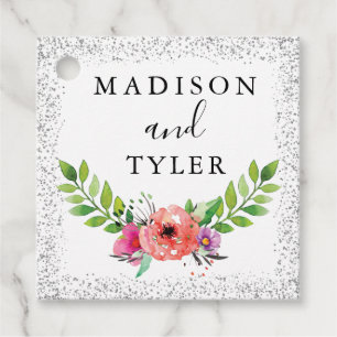 Silver Glitter Sparkles Watercolor Floral Wreath Favour Tags