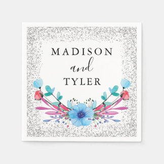 Silver Glitter Sparkles Watercolor Floral Wreath Napkin