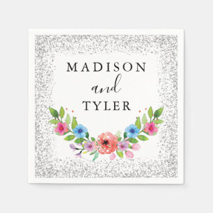 Silver Glitter Sparkles Watercolor Floral Wreath Napkin
