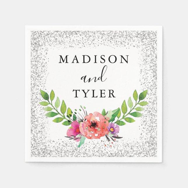 Silver Glitter Sparkles Watercolor Floral Wreath Napkin (Front)