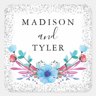 Silver Glitter Sparkles Watercolor Floral Wreath Square Sticker