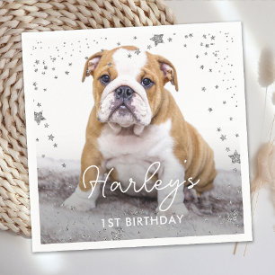 Silver Glitter Stars Custom Photo Pet Dog Birthday Napkin