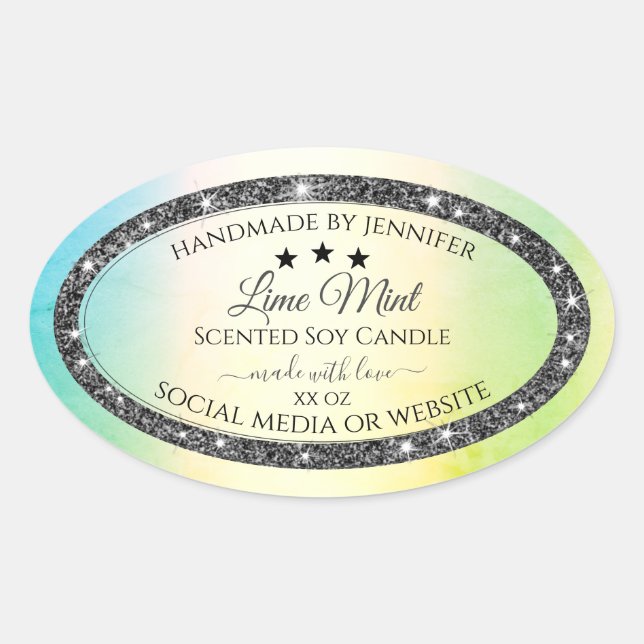 Silver Glitter Stars Product Labels Teal Yellow (Front)