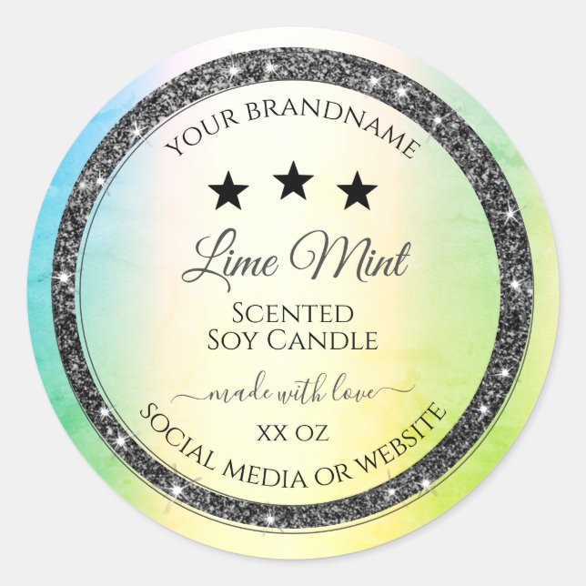 Silver Glitter Stars Product Labels Teal Yellow (Front)