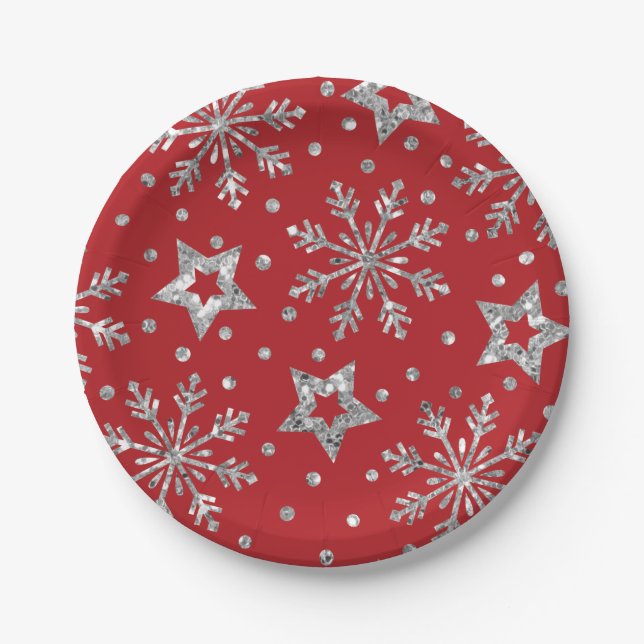 Silver Glitter Stars & Snowflakes Paper Plate (Front)