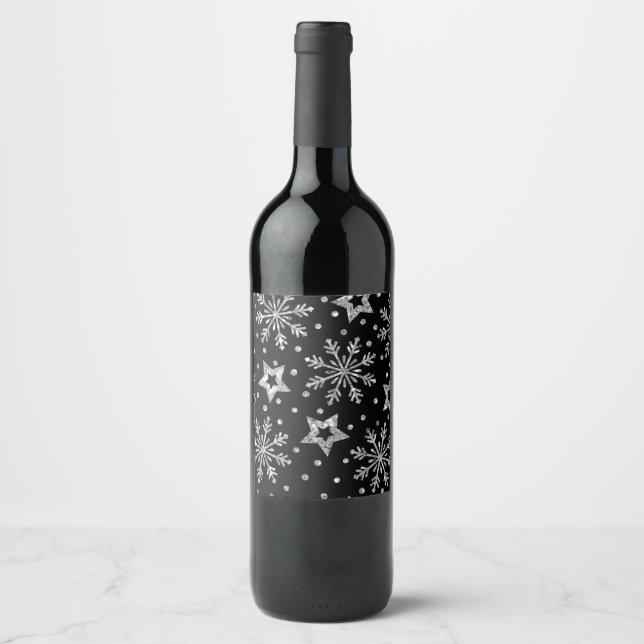 Silver Glitter Stars & Snowflakes Wine Label (Front)