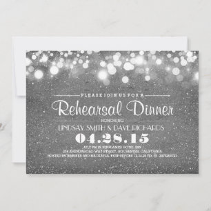 Silver glitter & string lights rehearsal dinner invitation
